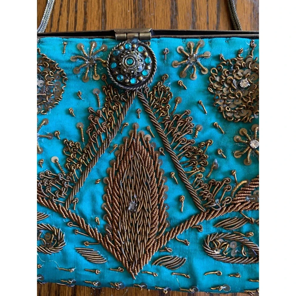 Vintage Blue Beaded Evening Bag Handbag Turquoise Goldwork Embroidery Fair